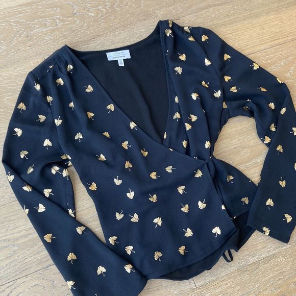& Other Stories Blouse Womens UK 12 Black Gold Wrap Lined V-Neck Long Sleeve - Picture 6 of 11